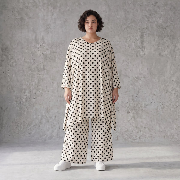 Damen Shirt Avantgarde Viskose Weiß/Schwarz, A-Form, Punkte, 3/4-Arm, Oversize große Größen – AKH Premium