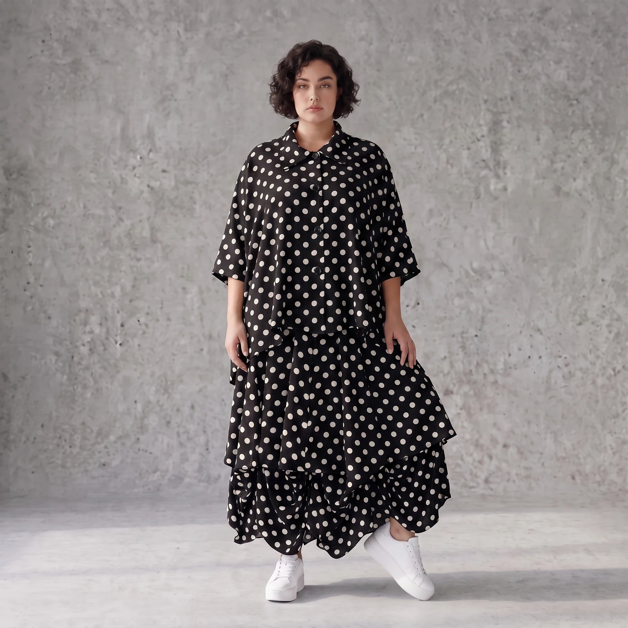 Damen Rock Avantgarde Viskose Schwarz/Weiß, Ballonschnitt, Punkte, Elastikbund, Oversize große Größen – AKH Premium