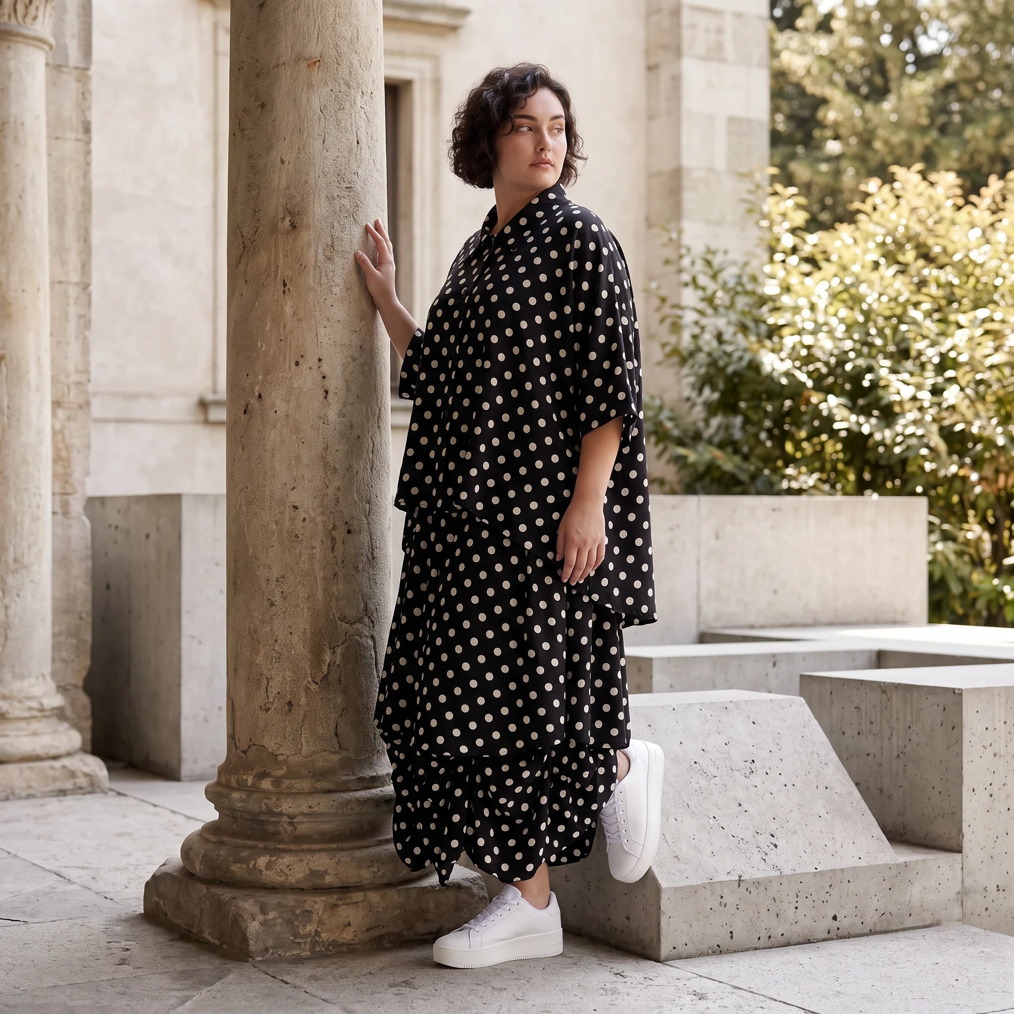 Damen Rock Avantgarde Viskose Schwarz/Weiß, Ballonschnitt, Punkte, Elastikbund, Oversize große Größen – AKH Premium