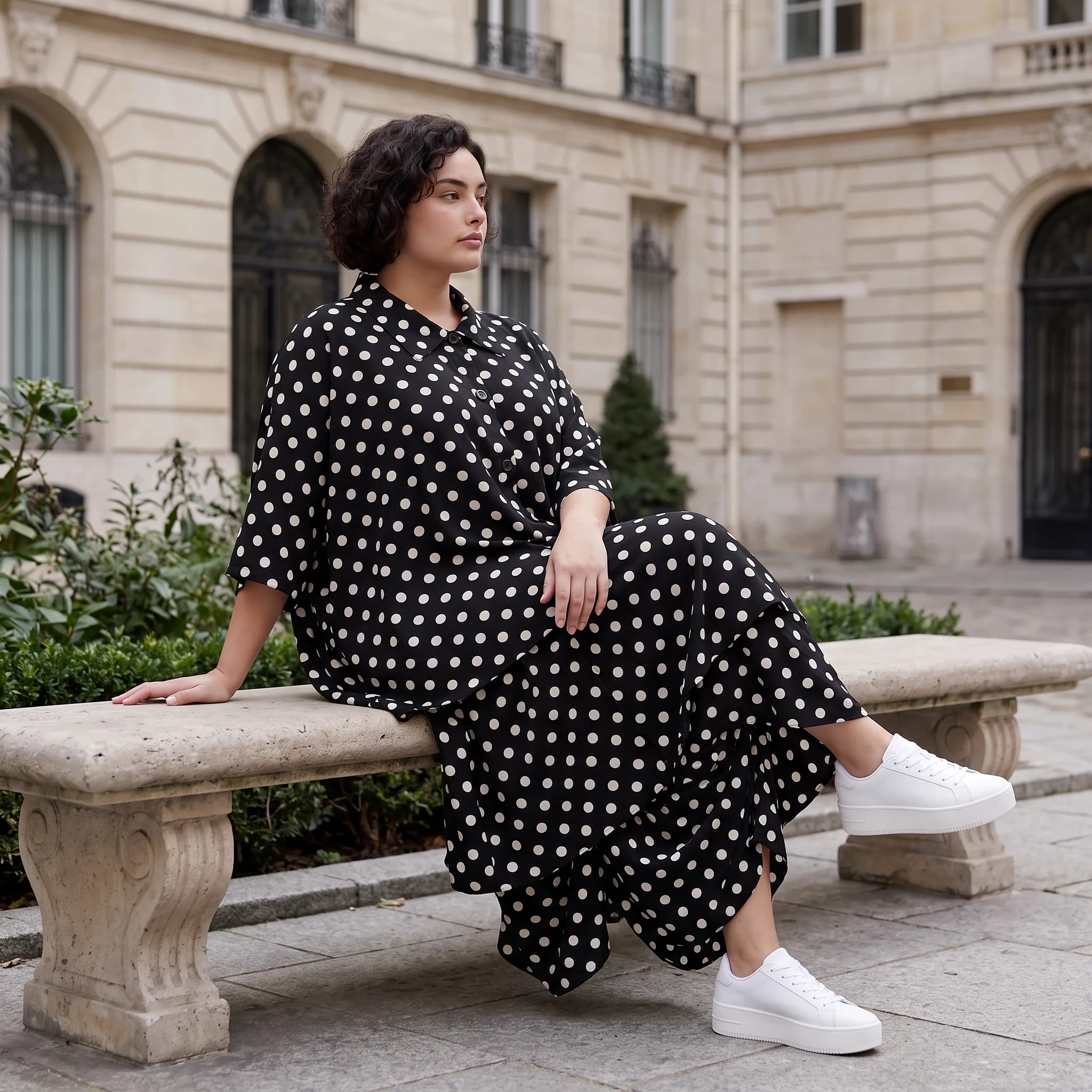 Damen Rock Avantgarde Viskose Schwarz/Weiß, Ballonschnitt, Punkte, Elastikbund, Oversize große Größen – AKH Premium