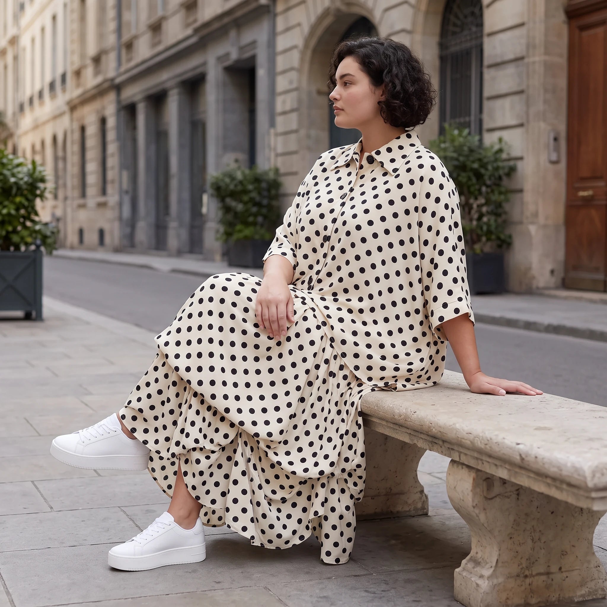 Damen Rock Avantgarde Viskose White/Schwarz, Ballonschnitt, Punkte, Elastikbund, Oversize große Größen – AKH Premium
