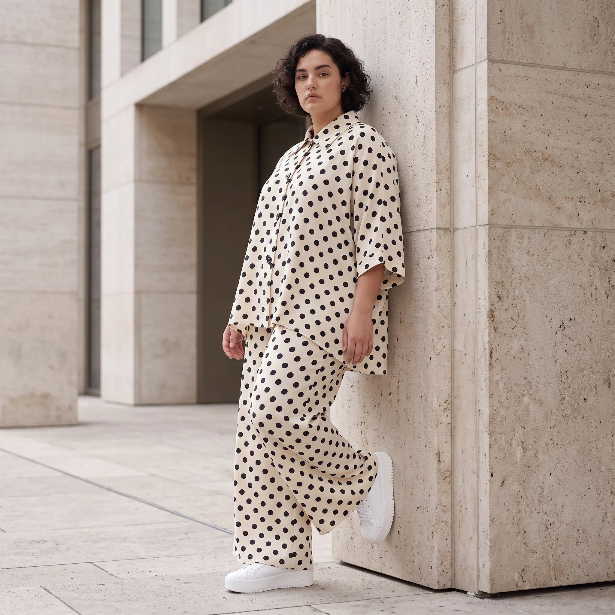 Damen Bluse Avantgarde Viskose Weiß/Schwarz, Punkte, Kurzarm, Knopfleiste, Oversize große Größen – AKH Premium