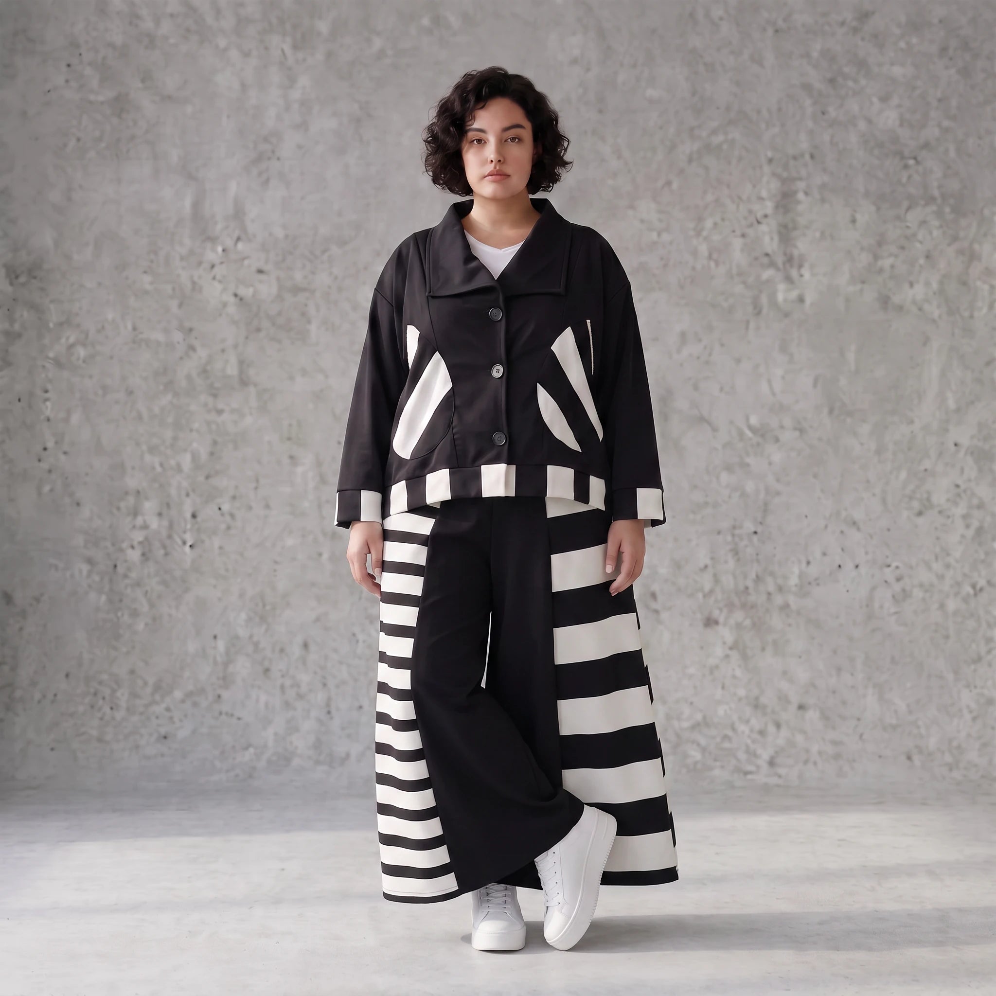 Damen Hose Avantgarde Rayon Schwarz/Weiß, Palazzohose, Oversize große Größen – AKH Premium