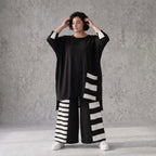 Damen Shirt Avantgarde Rayon Schwarz/Weiß, Vokuhila-Schnitt, Kurzarm, Flügeltaschen, Oversize große Größen – AKH Premium