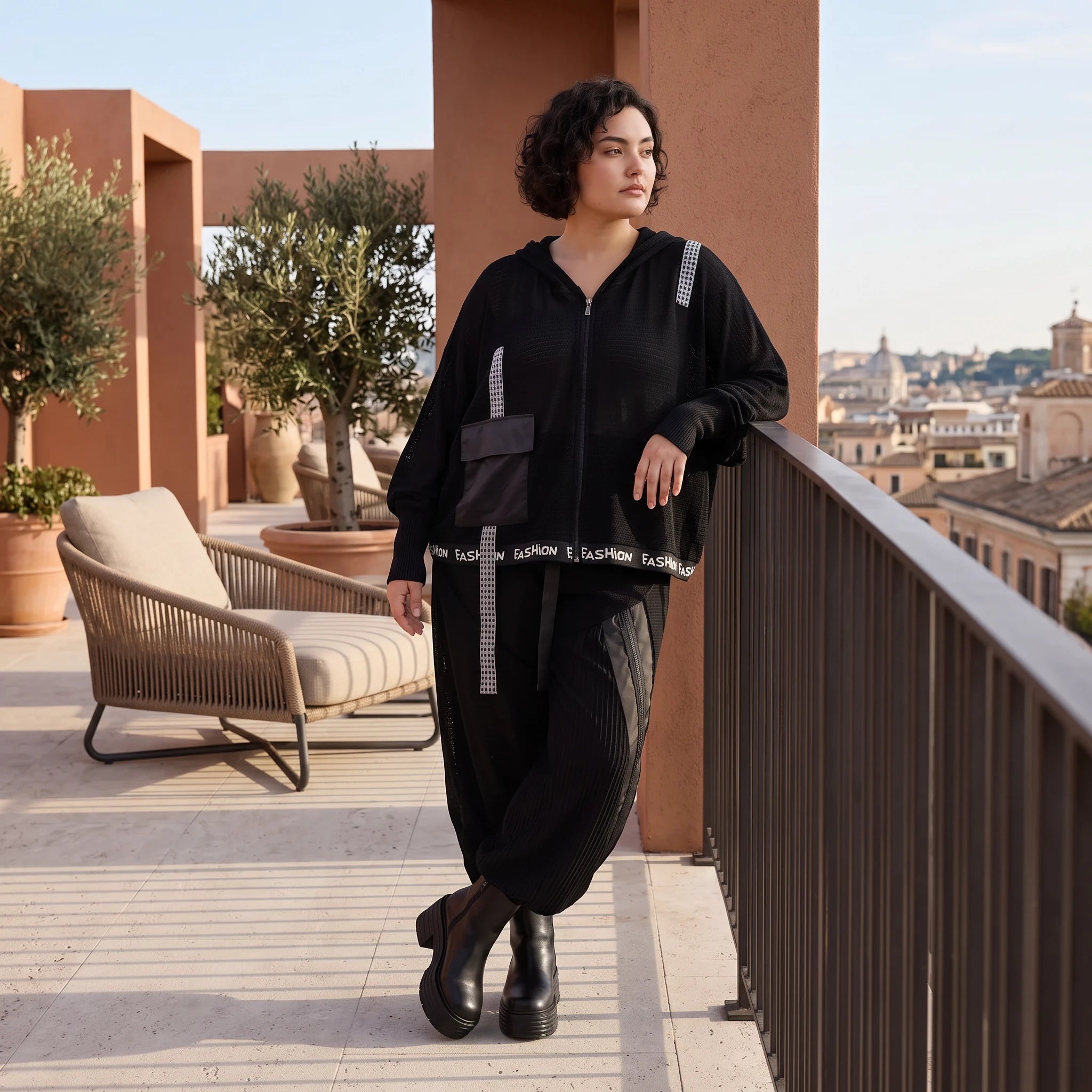 Damen Hose Avantgarde Baumwolle Schwarz, gerader Schnitt, Oversize große Größen – AKH Premium