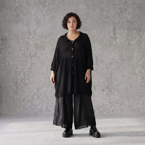 Damen Shirt Avantgarde Baumwolle Schwarz, gerader Schnitt, Kurzarm, Knopfleiste, Oversize große Größen – AKH Premium
