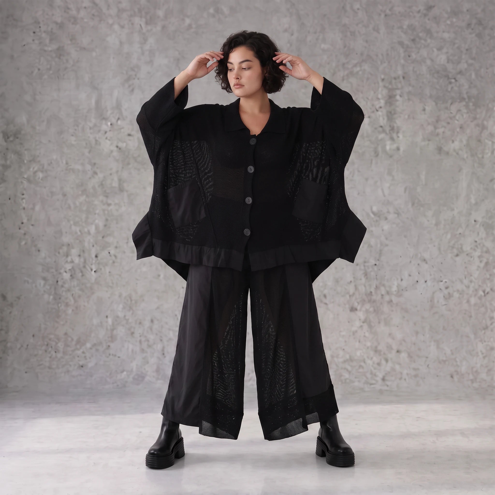 Damen Jacke Avantgarde Baumwolle Schwarz, A-Linie, Knopfleiste, Oversize große Größen – AKH Premium