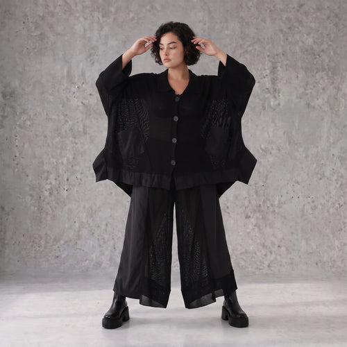 Damen Jacke Avantgarde Baumwolle Schwarz, A-Linie, Knopfleiste, Oversize große Größen – AKH Premium