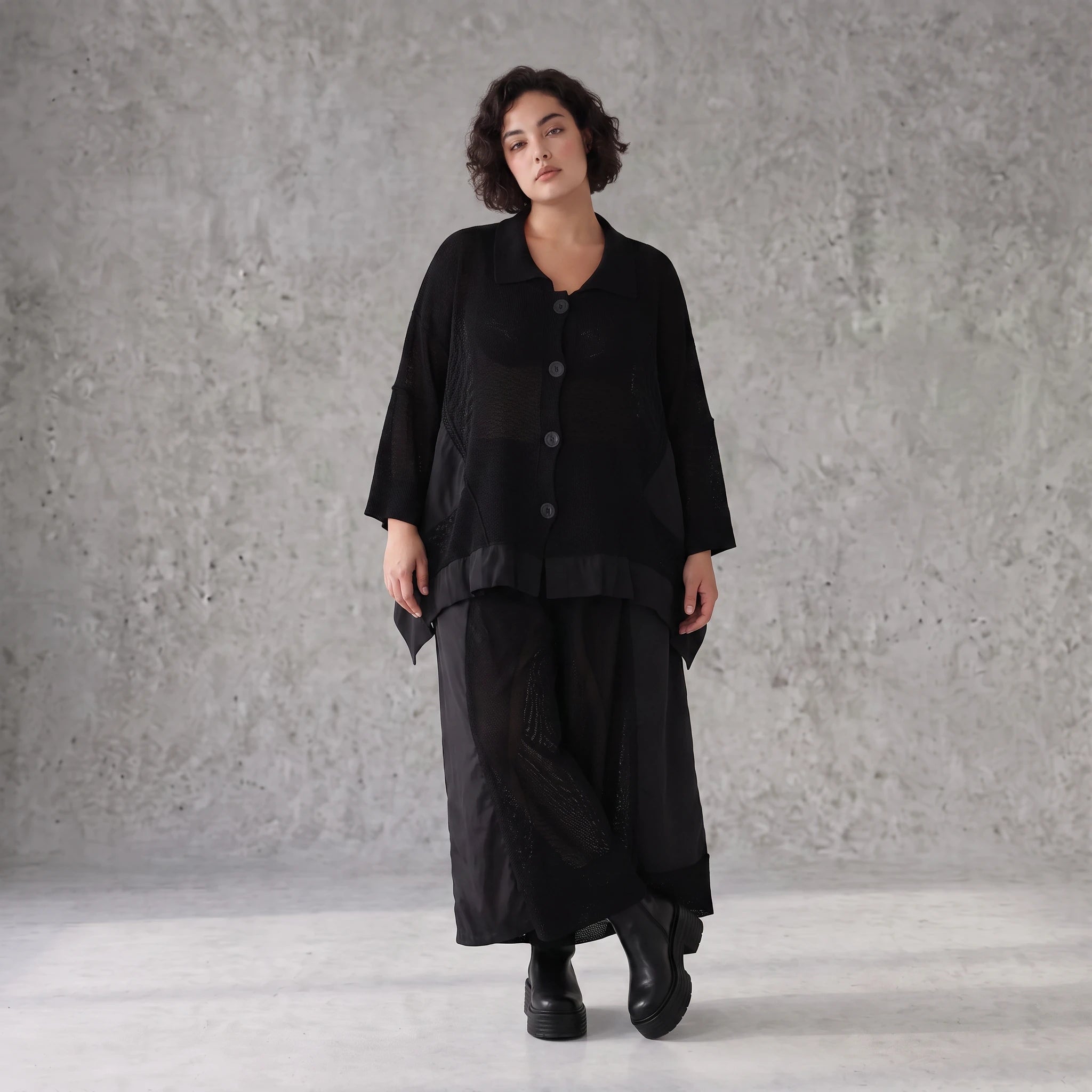 Damen Jacke Avantgarde Baumwolle Schwarz, A-Linie, Knopfleiste, Oversize große Größen – AKH Premium
