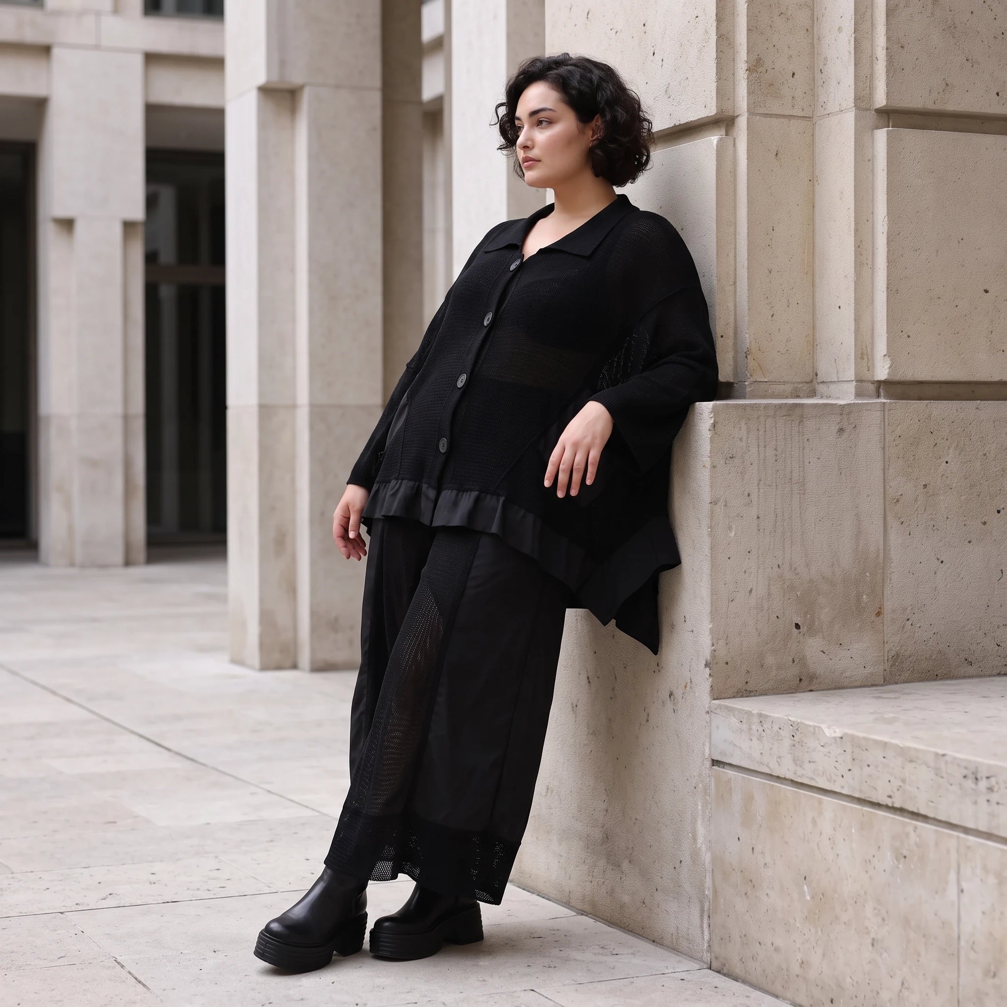 Damen Jacke Avantgarde Baumwolle Schwarz, A-Linie, Knopfleiste, Oversize große Größen – AKH Premium