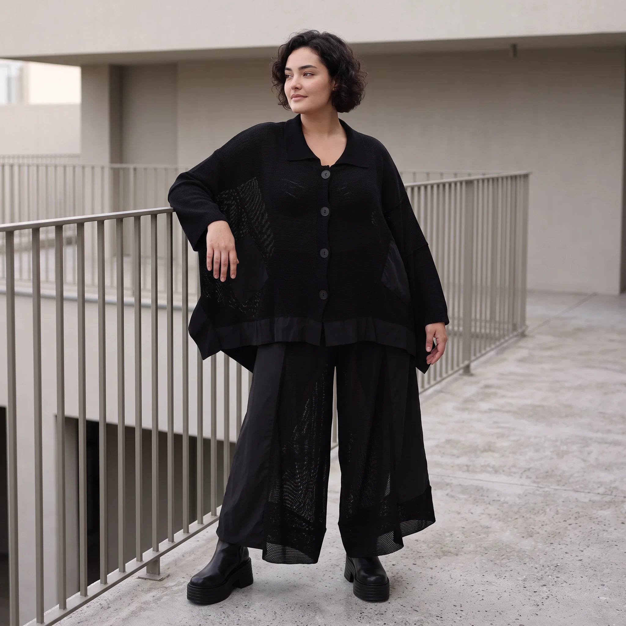 Damen Jacke Avantgarde Baumwolle Schwarz, A-Linie, Knopfleiste, Oversize große Größen – AKH Premium