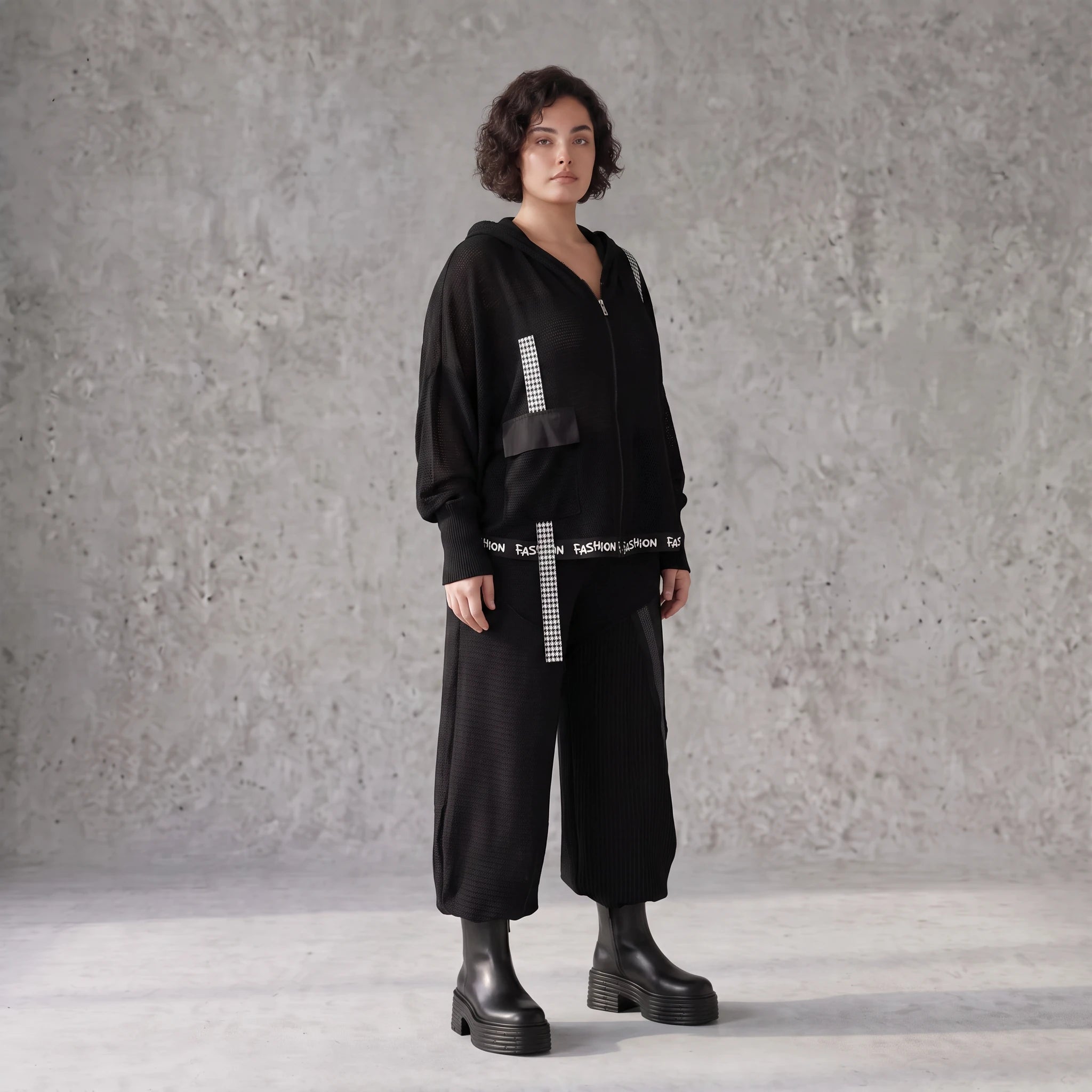 Damen Jacke Avantgarde Baumwolle Schwarz, Kapuze, Oversize große Größen – AKH Premium