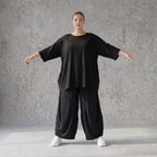 Damen Shirt Avantgarde Lyocell Schwarz, A-Linie, 3/4-Arm, Flügeltaschen, Oversize große Größen – AKH Premium