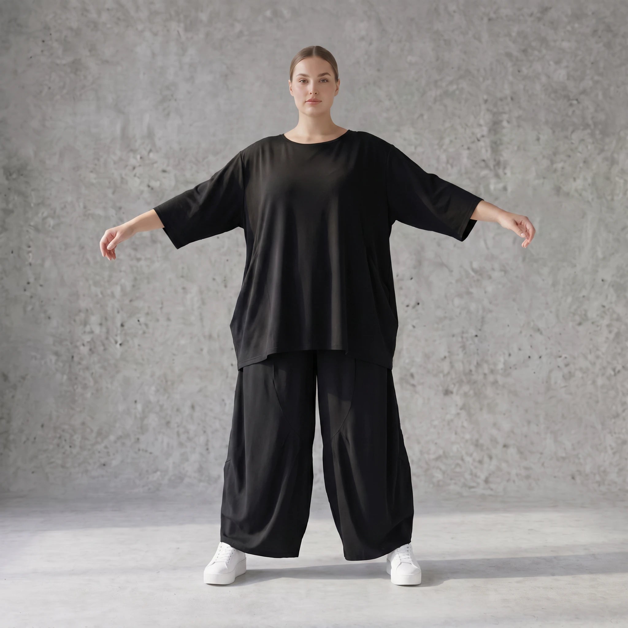 Damen Shirt Avantgarde Lyocell Schwarz, A-Linie, 3/4-Arm, Flügeltaschen, Oversize große Größen – AKH Premium