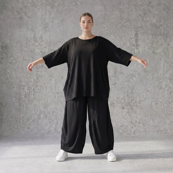 Damen Shirt Avantgarde Lyocell Schwarz, A-Linie, 3/4-Arm, Flügeltaschen, Oversize große Größen – AKH Premium