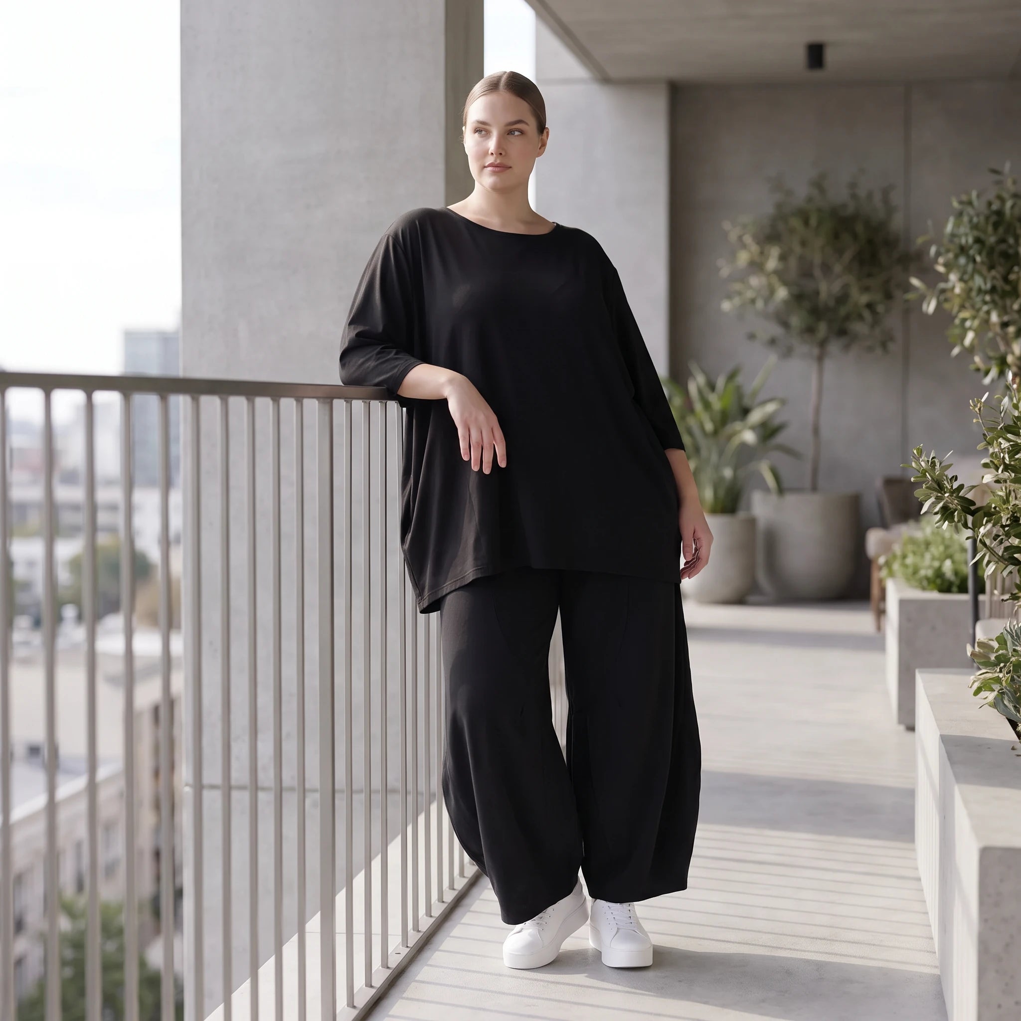 Damen Shirt Avantgarde Lyocell Schwarz, A-Linie, 3/4-Arm, Flügeltaschen, Oversize große Größen – AKH Premium