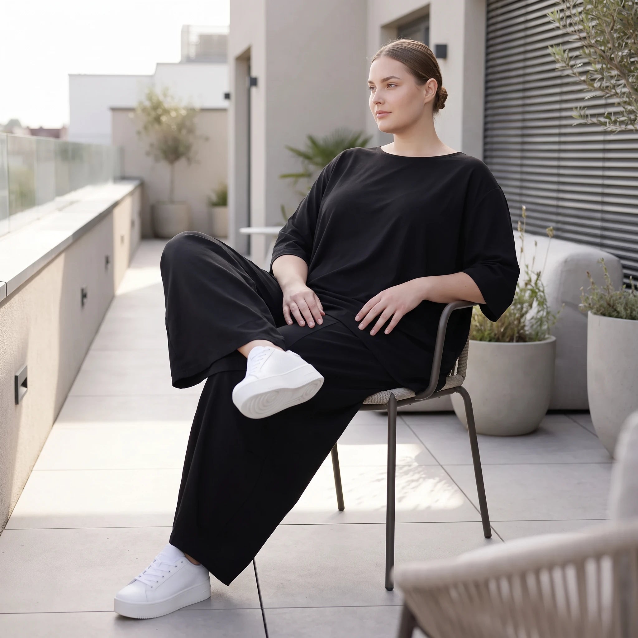 Damen Shirt Avantgarde Lyocell Schwarz, A-Linie, 3/4-Arm, Flügeltaschen, Oversize große Größen – AKH Premium