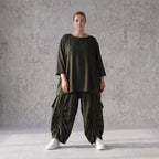 Damen Shirt Avantgarde Lyocell Khaki, A-Linie, 3/4-Arm, Flügeltaschen, Oversize große Größen – AKH Premium