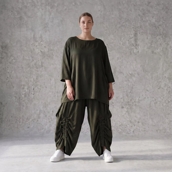 Damen Shirt Avantgarde Lyocell Khaki, A-Linie, 3/4-Arm, Flügeltaschen, Oversize große Größen – AKH Premium