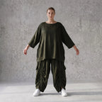 Damen Shirt Avantgarde Lyocell Khaki, A-Linie, 3/4-Arm, Flügeltaschen, Oversize große Größen – AKH Premium