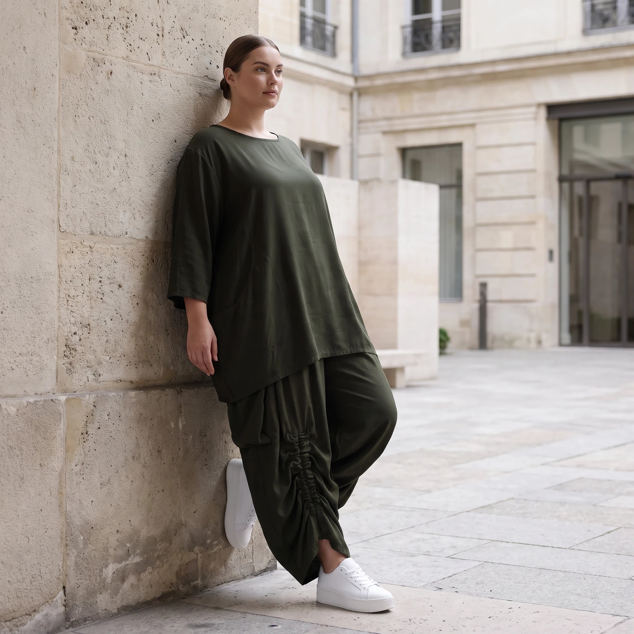 Damen Shirt Avantgarde Lyocell Khaki, A-Linie, 3/4-Arm, Flügeltaschen, Oversize große Größen – AKH Premium