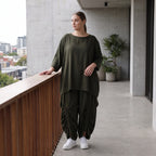 Damen Shirt Avantgarde Lyocell Khaki, A-Linie, 3/4-Arm, Flügeltaschen, Oversize große Größen – AKH Premium