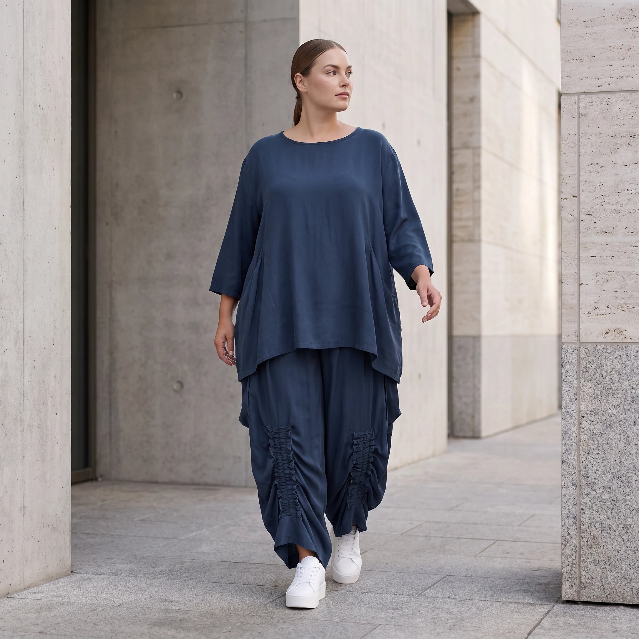 Damen Shirt Avantgarde Lyocell Petrol, A-Linie, 3/4-Arm, Flügeltaschen, Oversize große Größen – AKH Premium