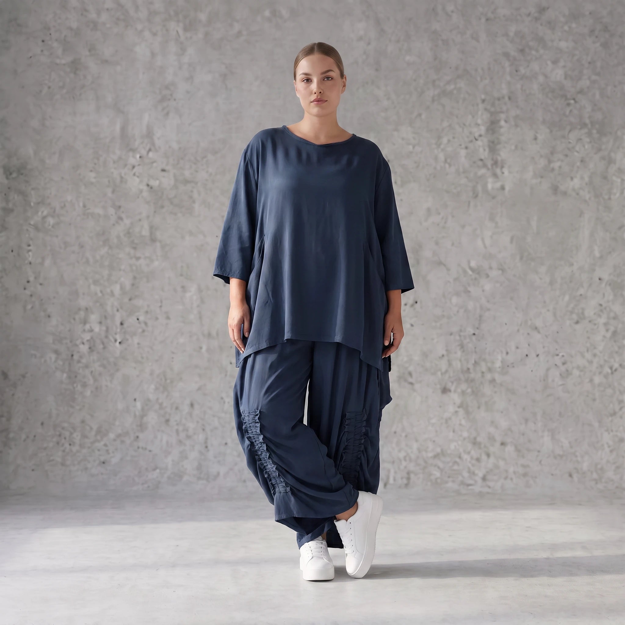 Damen Shirt Avantgarde Lyocell Petrol, A-Linie, 3/4-Arm, Flügeltaschen, Oversize große Größen – AKH Premium