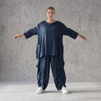 Damen Shirt Avantgarde Lyocell Petrol, A-Linie, 3/4-Arm, Flügeltaschen, Oversize große Größen – AKH Premium