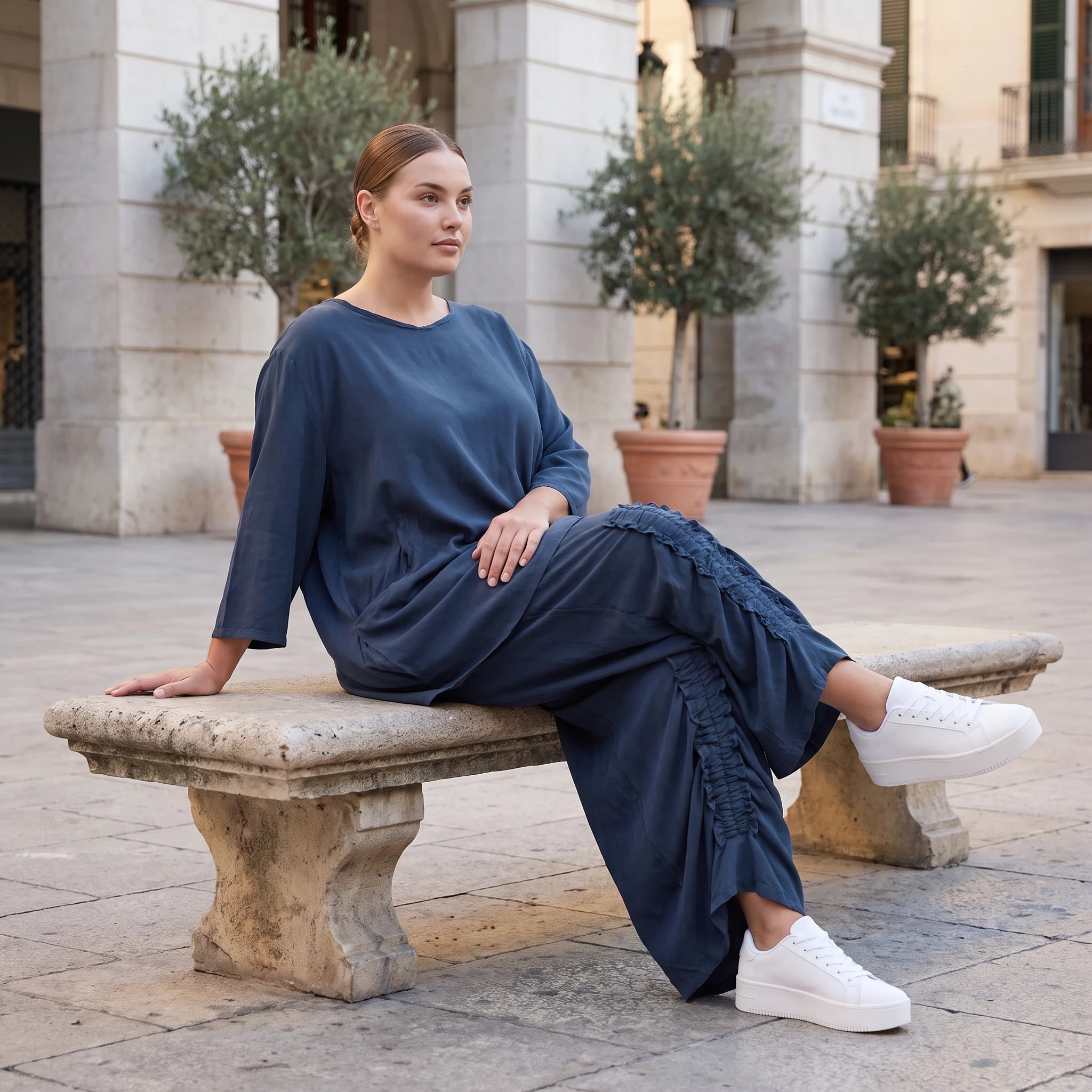 Damen Shirt Avantgarde Lyocell Petrol, A-Linie, 3/4-Arm, Flügeltaschen, Oversize große Größen – AKH Premium