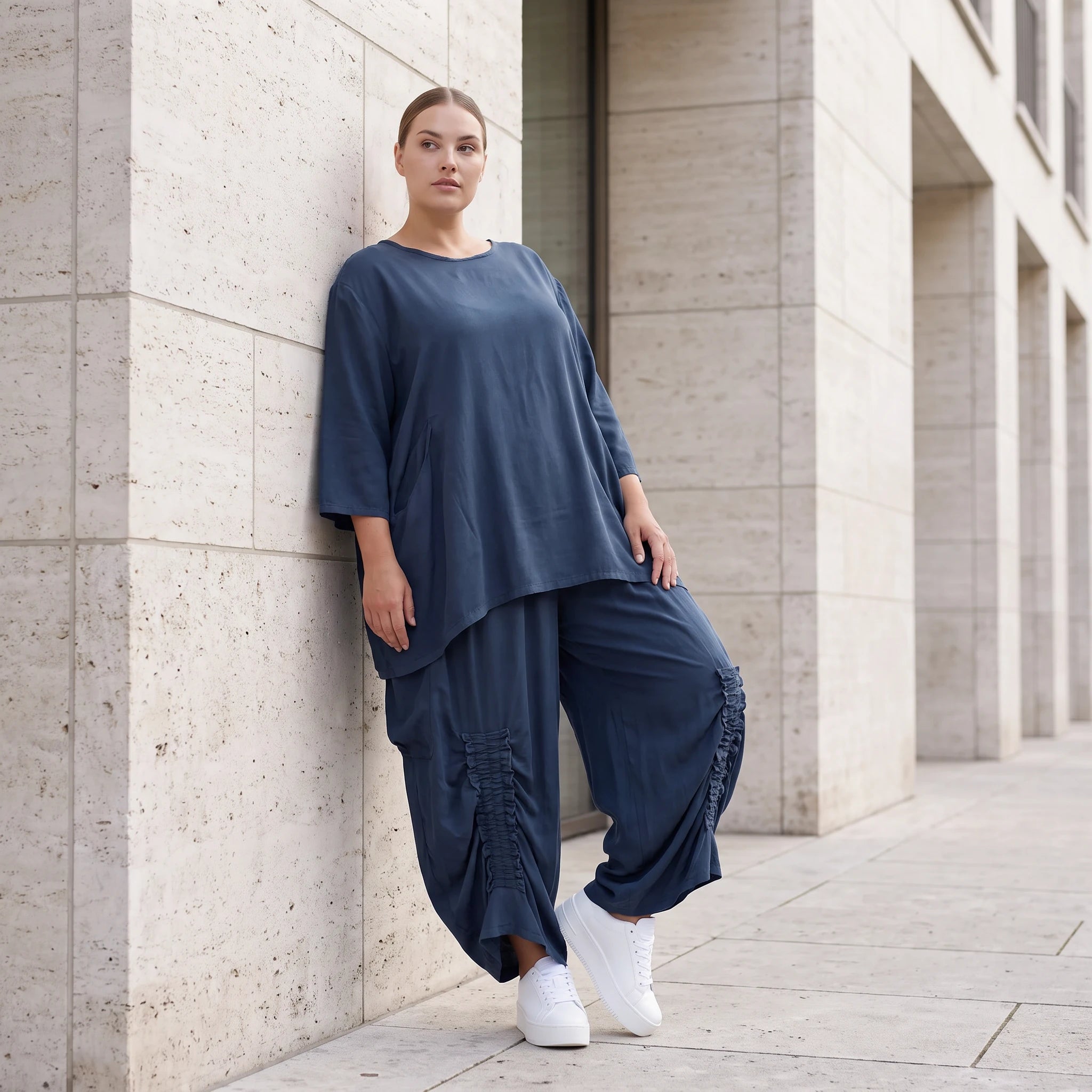 Damen Shirt Avantgarde Lyocell Petrol, A-Linie, 3/4-Arm, Flügeltaschen, Oversize große Größen – AKH Premium