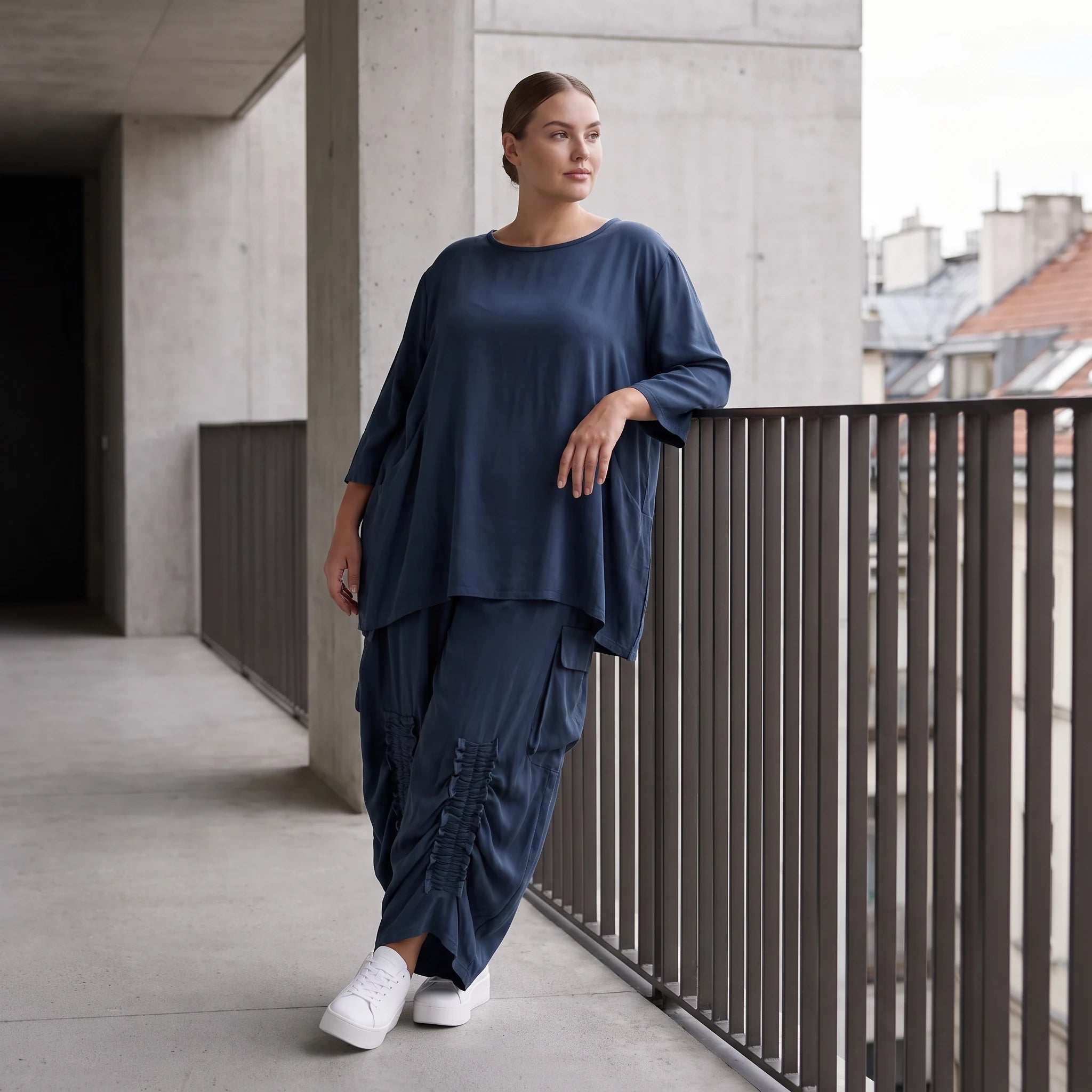 Damen Shirt Avantgarde Lyocell Petrol, A-Linie, 3/4-Arm, Flügeltaschen, Oversize große Größen – AKH Premium