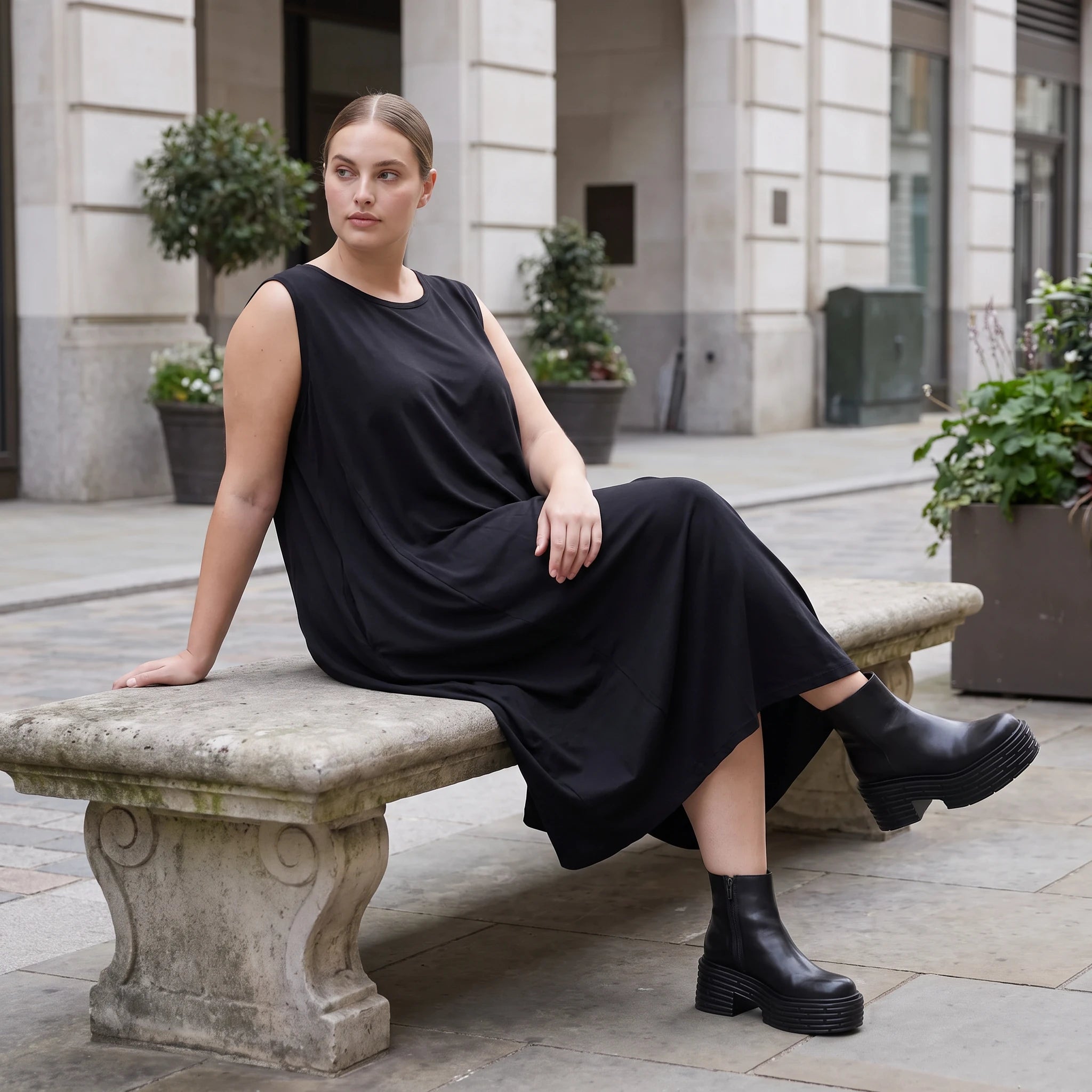 Damen Kleid Avantgarde Lyocell Schwarz, Ballonschnitt, ärmellos, Flügeltaschen, Oversize große Größen – AKH Premium