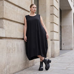 Damen Kleid Avantgarde Lyocell Schwarz, Ballonschnitt, ärmellos, Flügeltaschen, Oversize große Größen – AKH Premium
