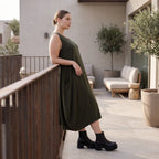 Damen Kleid Avantgarde Lyocell Khaki, Ballonschnitt, Flügeltaschen, Oversize große Größen – AKH Premium
