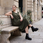 Damen Kleid Avantgarde Lyocell Khaki, Ballonschnitt, Flügeltaschen, Oversize große Größen – AKH Premium