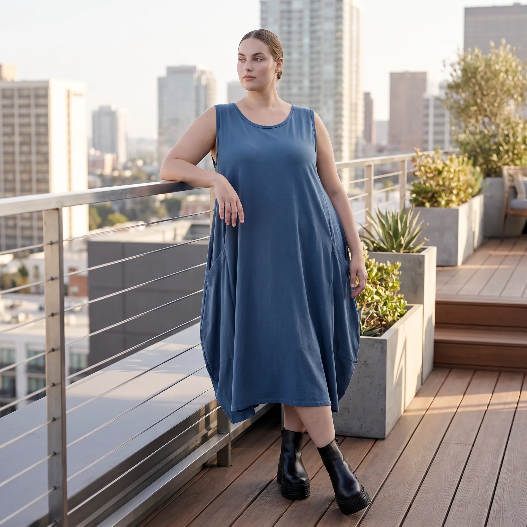 Damen Kleid Avantgarde Lyocell Petrol, Ballonschnitt, ärmellos, Flügeltaschen, Oversize große Größen – AKH Premium