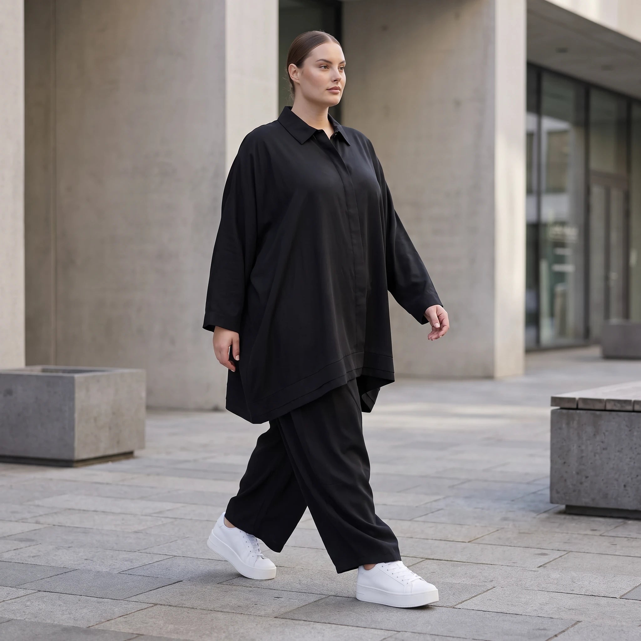 Damen Bluse Avantgarde Lyocell Schwarz, A-Linie, Knopfleiste, Oversize große Größen – AKH Premium