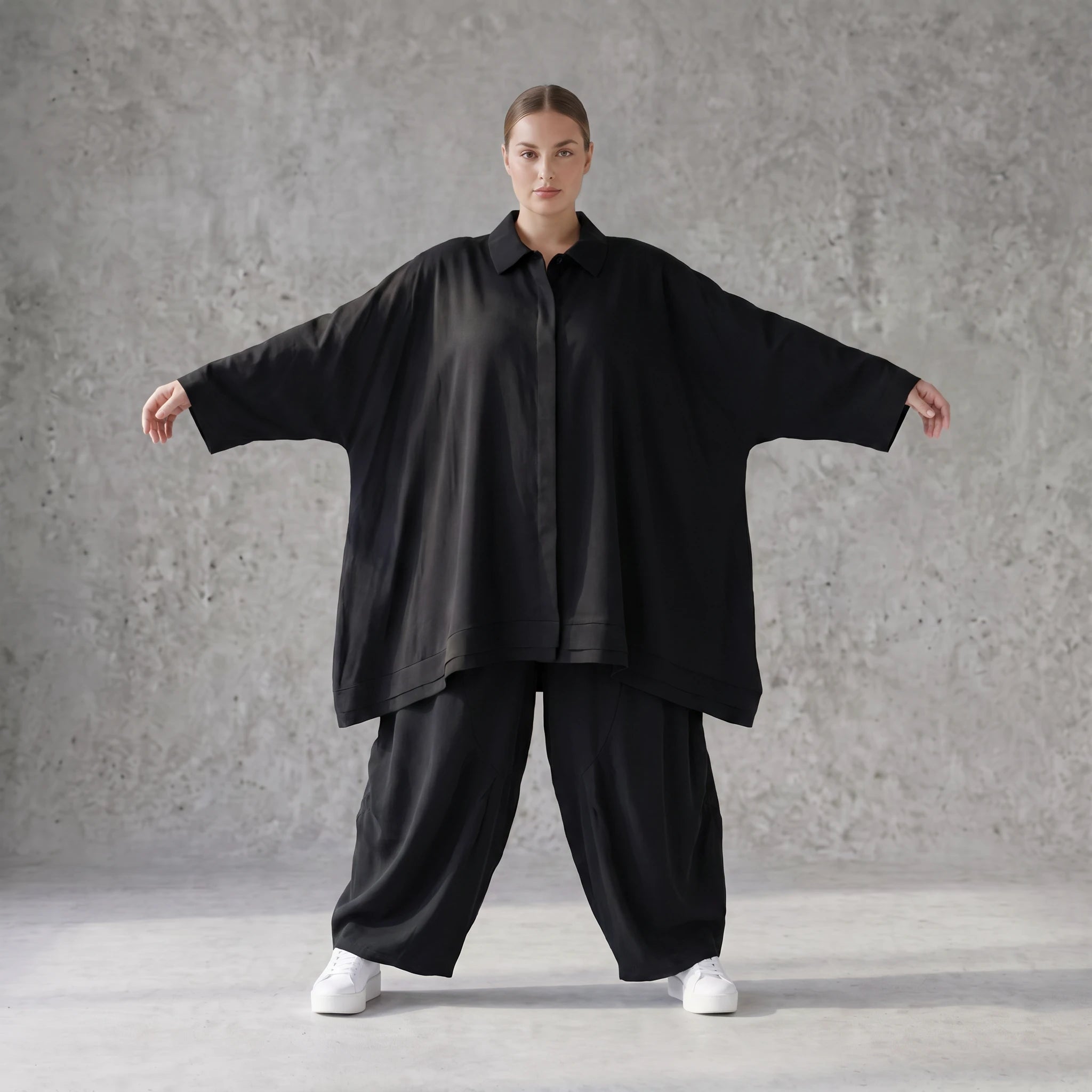 Damen Bluse Avantgarde Lyocell Schwarz, A-Linie, Knopfleiste, Oversize große Größen – AKH Premium