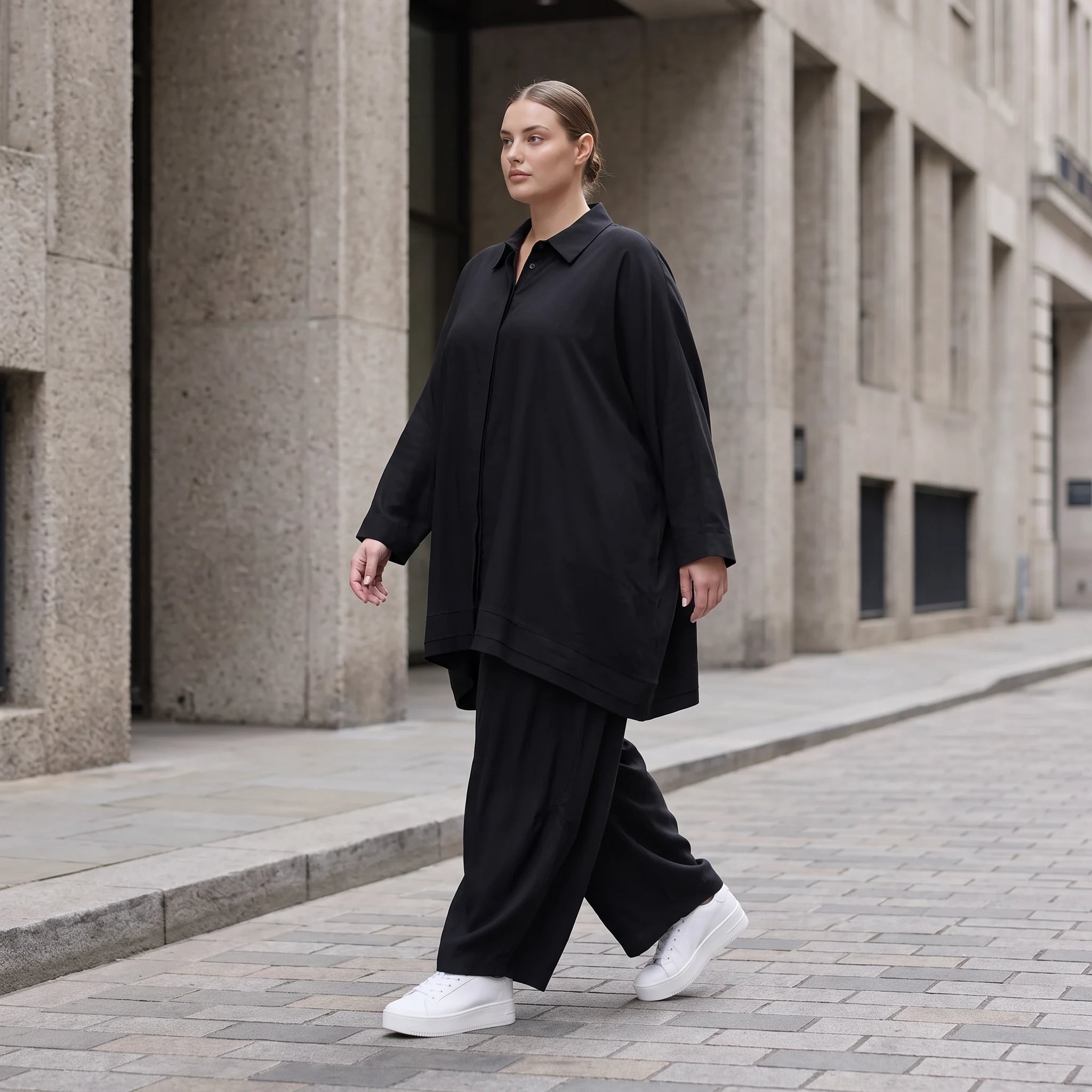 Damen Bluse Avantgarde Lyocell Schwarz, A-Linie, Knopfleiste, Oversize große Größen – AKH Premium