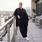 Damen Bluse Avantgarde Lyocell Schwarz, A-Linie, Knopfleiste, Oversize große Größen – AKH Premium