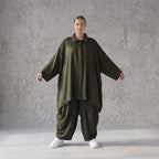 Damen Bluse Avantgarde Lyocell UrbanKhaki, A-Linie, 3/4-Arm, Knopfleiste, Oversize große Größen – AKH Premium