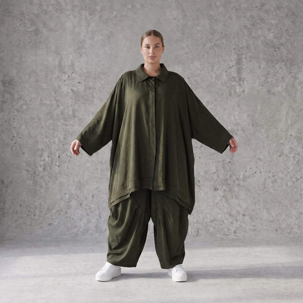 Damen Bluse Avantgarde Lyocell UrbanKhaki, A-Linie, 3/4-Arm, Knopfleiste, Oversize große Größen – AKH Premium