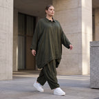 Damen Bluse Avantgarde Lyocell UrbanKhaki, A-Linie, 3/4-Arm, Knopfleiste, Oversize große Größen – AKH Premium