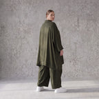 Damen Bluse Avantgarde Lyocell UrbanKhaki, A-Linie, 3/4-Arm, Knopfleiste, Oversize große Größen – AKH Premium
