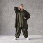 Damen Bluse Avantgarde Lyocell UrbanKhaki, A-Linie, 3/4-Arm, Knopfleiste, Oversize große Größen – AKH Premium