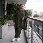 Damen Bluse Avantgarde Lyocell UrbanKhaki, A-Linie, 3/4-Arm, Knopfleiste, Oversize große Größen – AKH Premium