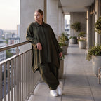 Damen Bluse Avantgarde Lyocell UrbanKhaki, A-Linie, 3/4-Arm, Knopfleiste, Oversize große Größen – AKH Premium