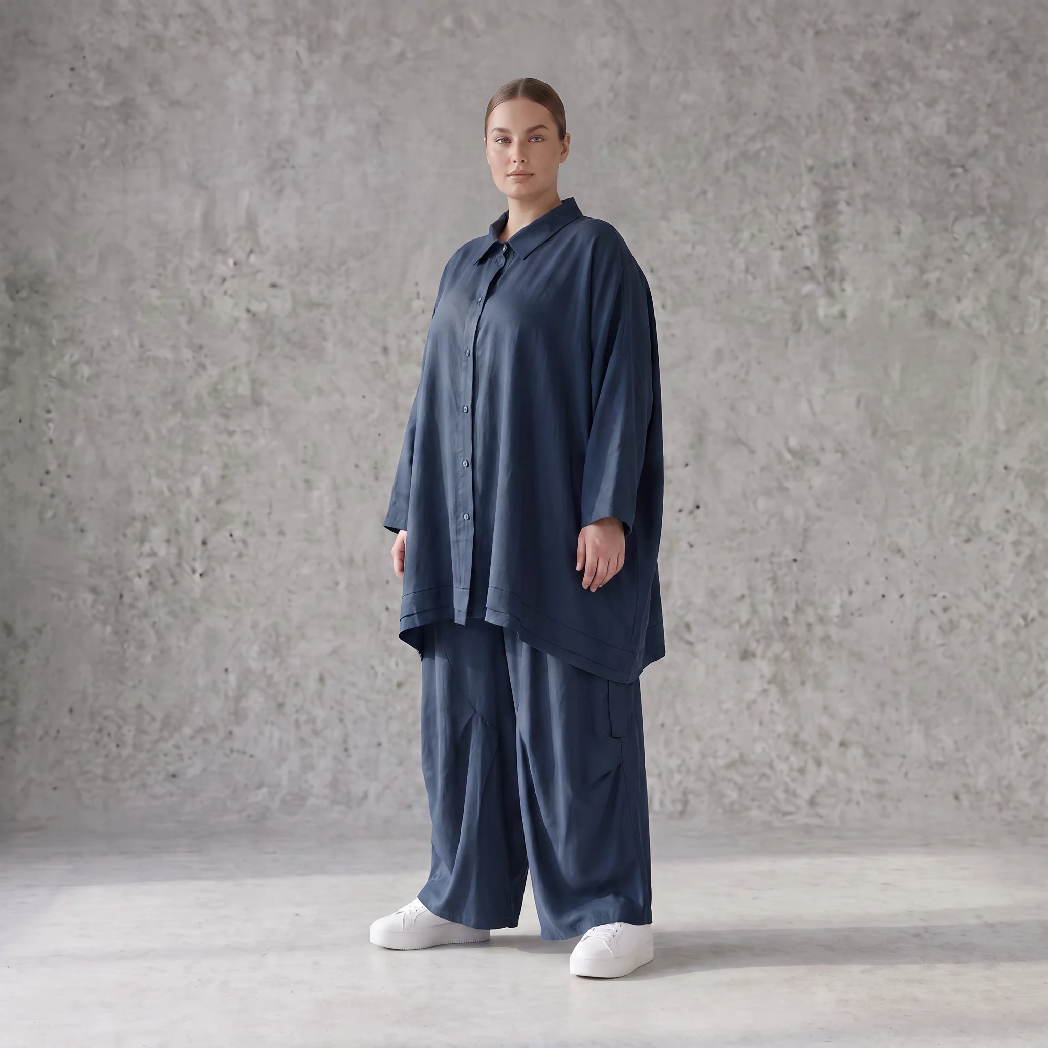 Damen Bluse Avantgarde Lyocell Petrol, A-Linie, Knopfleiste, Oversize große Größen – AKH Premium