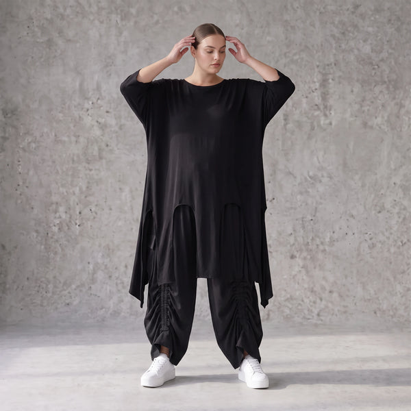 Damen Shirt Avantgarde Lyocell Schwarz, A-Linie, Kurzarm, Volant, Oversize große Größen – AKH Premium